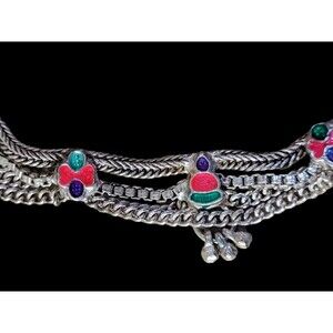 A1 Vintage Silver Enamel Anklet Multi-strand Chain Ankle Bracelet Dangling Balls